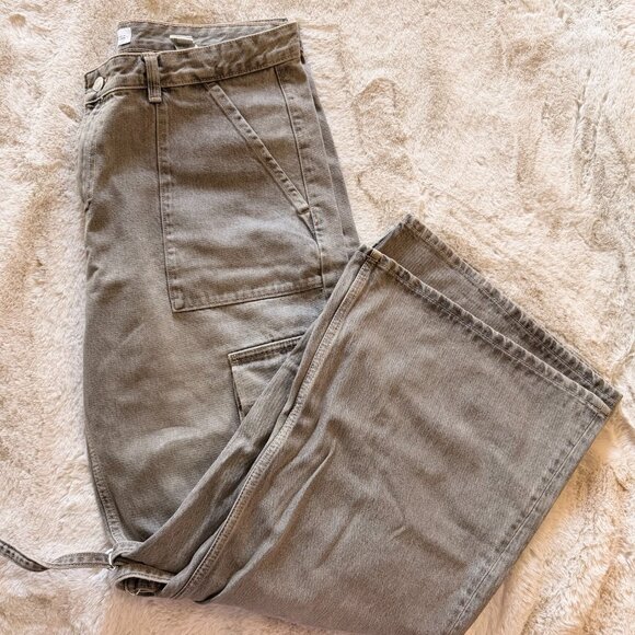 The Zara Women's Grey Straight Wide Leg Mid Rise Baggy Cargo Denim Jeans Pants - Picture 3 of 4